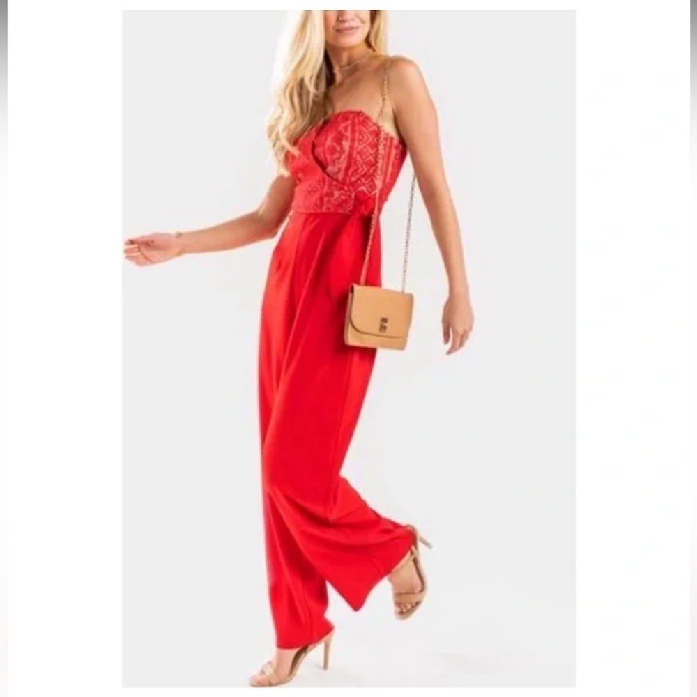 Francesca's Red Jumpsuit with Patterned Bodice holiday